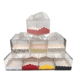 Clear cake boxes with colorful scalloped inserts