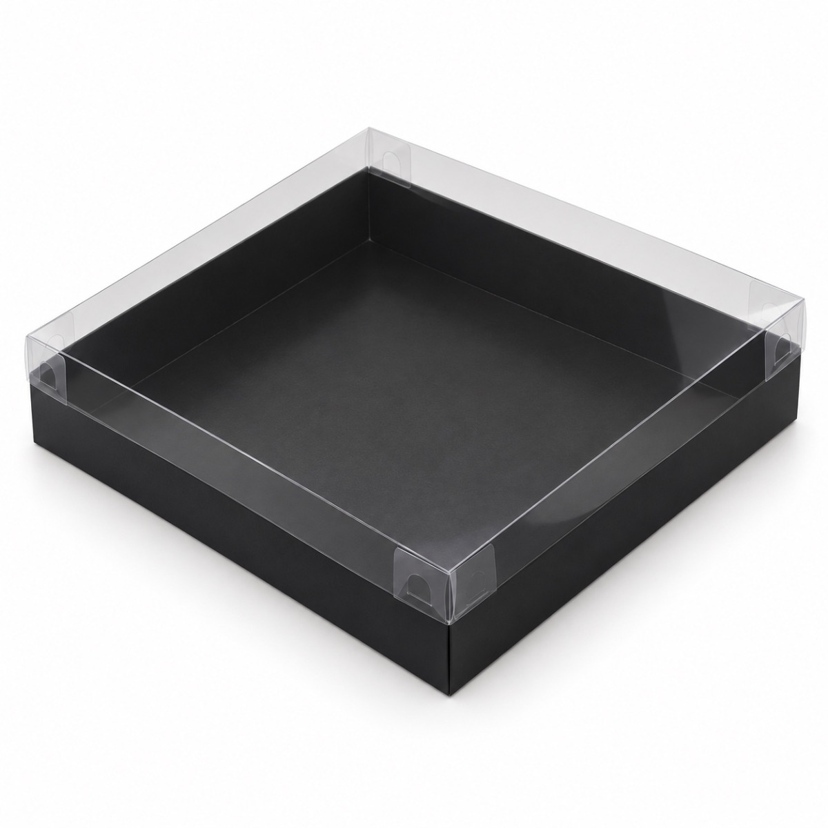 Black 30 x 30 x 5 cm cardboard gift box with clear acetate lid — product illustration