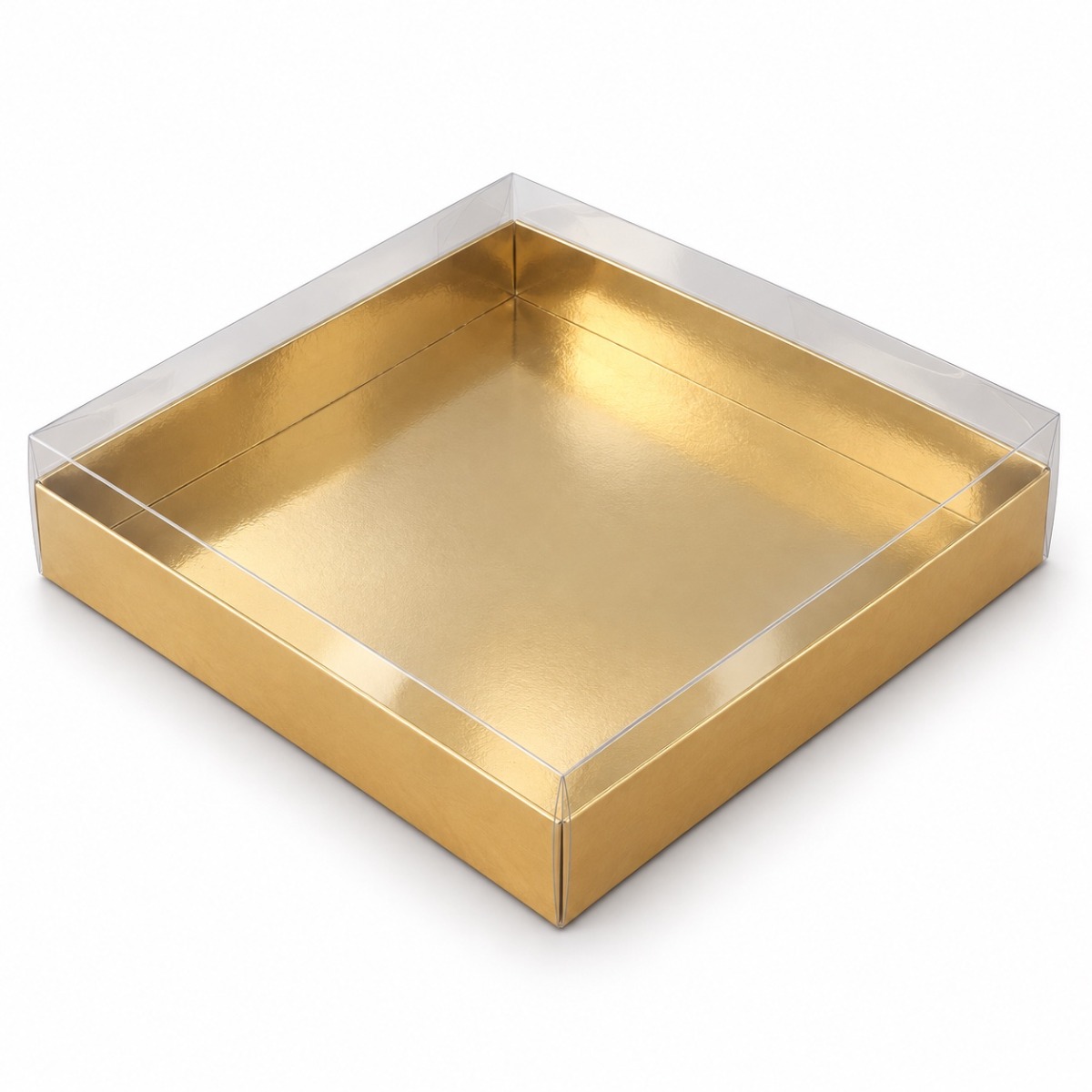 Gold 30 x 30 x 5 cm cardboard gift box with clear acetate lid — product illustration