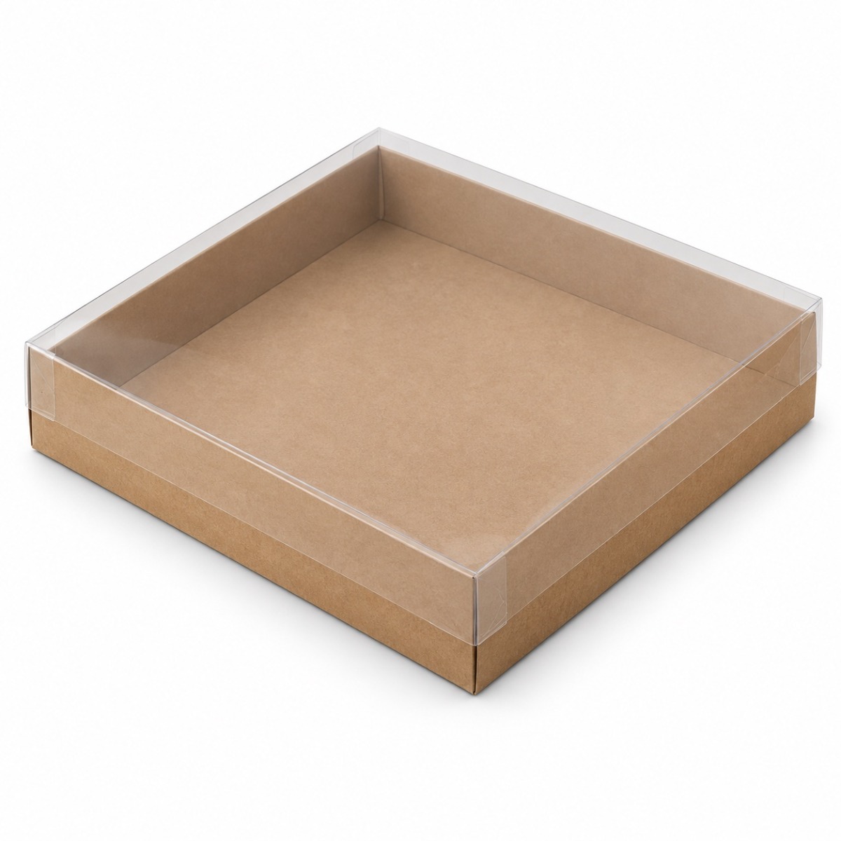 Kraft 30 x 30 x 5 cm cardboard gift box with clear acetate lid — product illustration