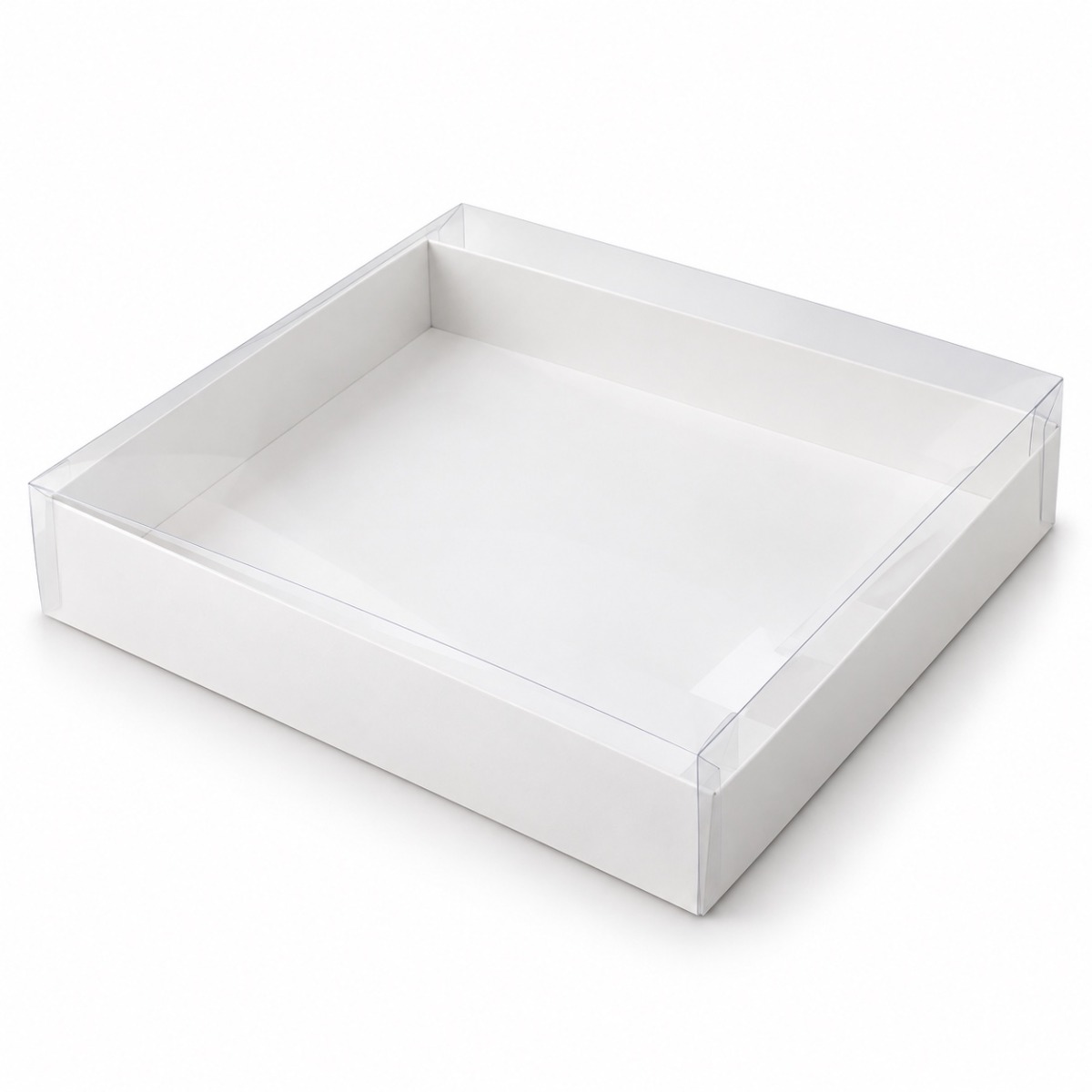 White 30 x 30 x 5 cm cardboard gift box with clear acetate lid — product illustration