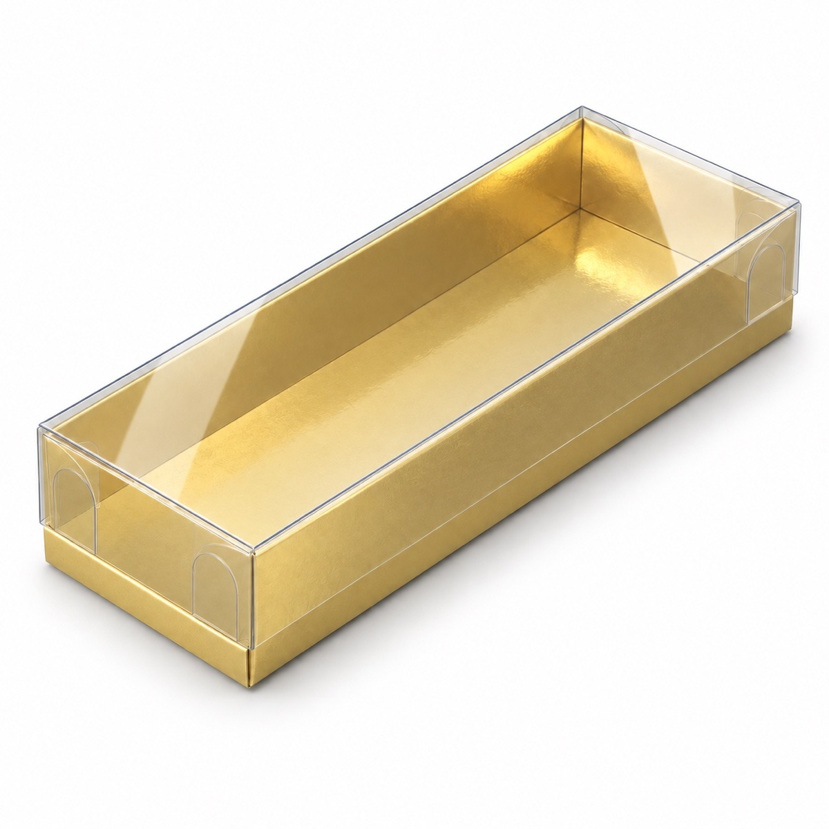 Gold 6.5 x 16 x 2.5 cm cardboard gift box with clear acetate lid — product illustration
