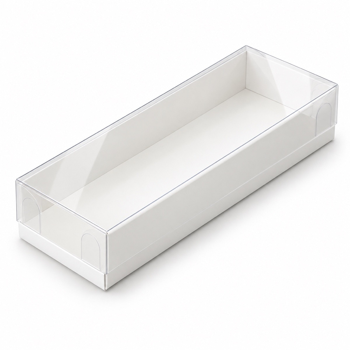White 6.5 x 16 x 2.5 cm cardboard gift box with clear acetate lid — product illustration