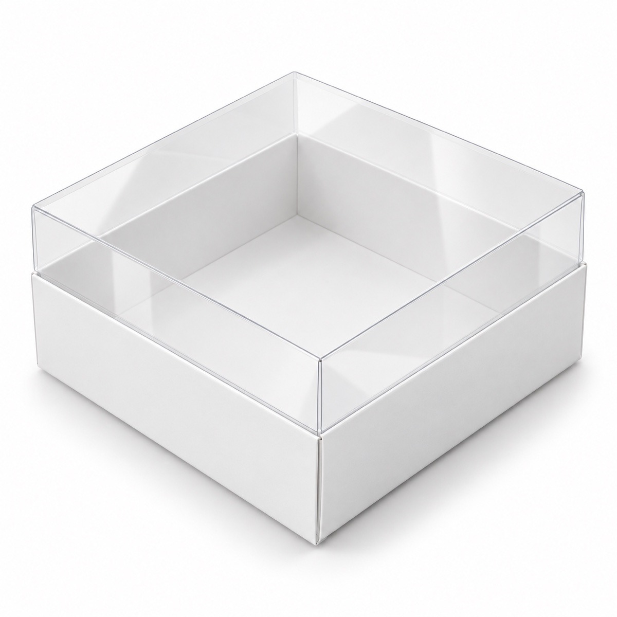 White 9 x 9 x 4 cm cardboard gift box with clear acetate lid — product illustration