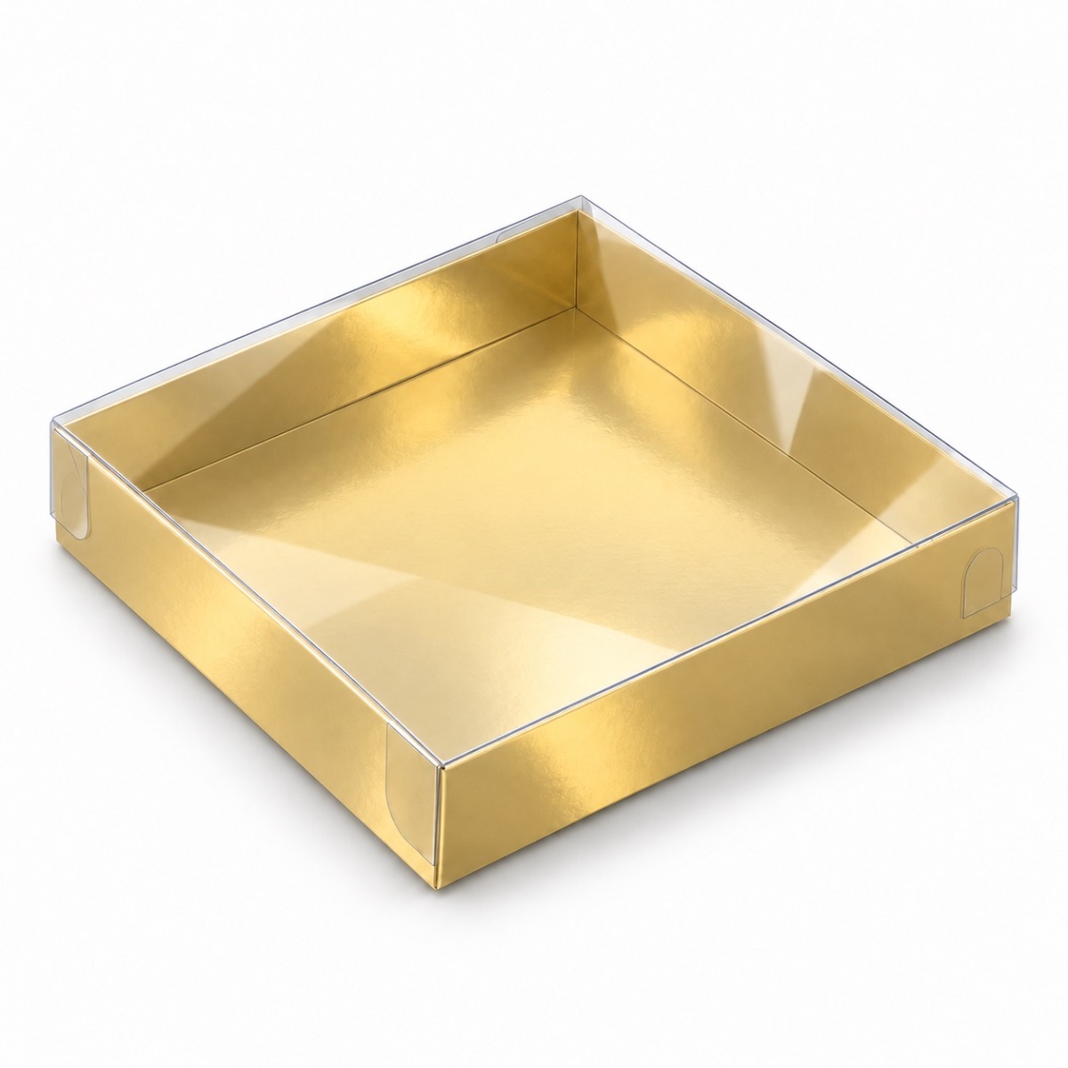 Gold 15 x 15 x 3 cm cardboard gift box with clear acetate lid — product illustration