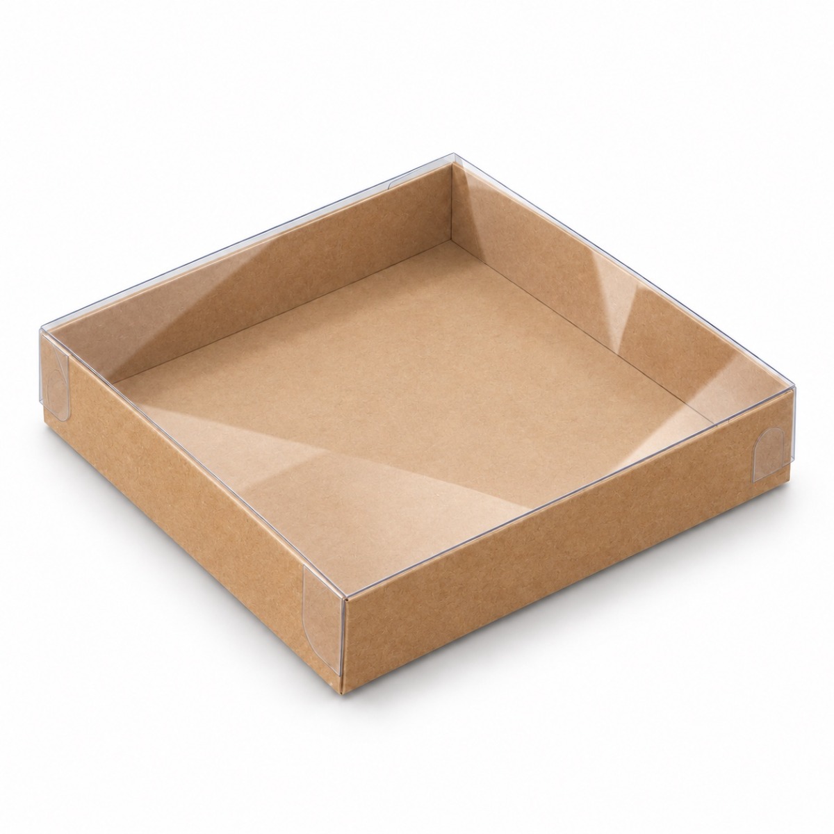 Kraft 15 x 15 x 3 cm cardboard gift box with clear acetate lid — product illustration