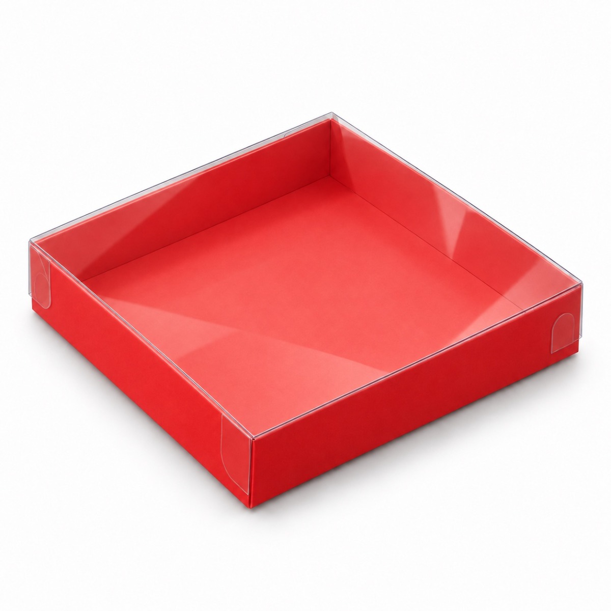 Red 15 x 15 x 3 cm cardboard gift box with clear acetate lid — product illustration