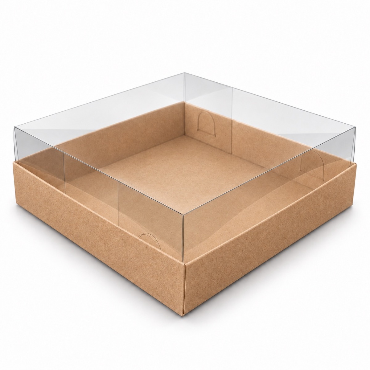 Kraft 15 x 15 x 5 cm cardboard gift box with clear acetate lid — product illustration
