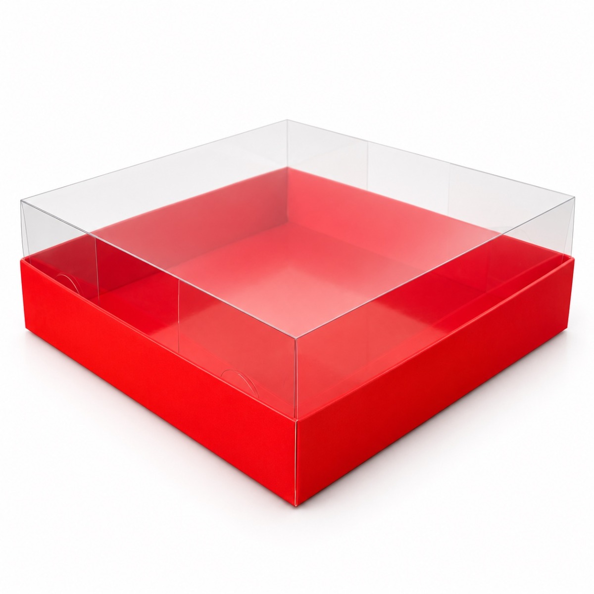 Red 15 x 15 x 5 cm cardboard gift box with clear acetate lid — product illustration