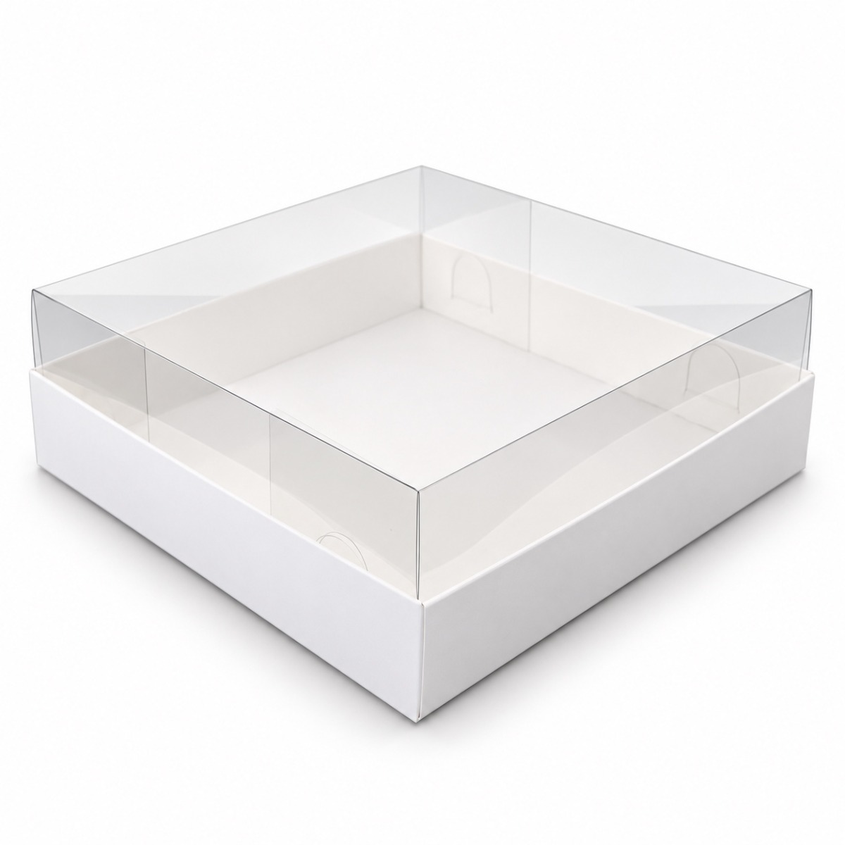 White 15 x 15 x 5 cm cardboard gift box with clear acetate lid — product illustration