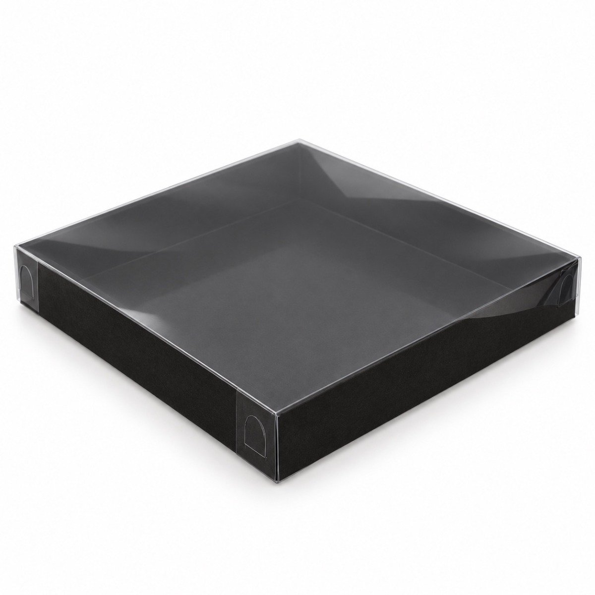 Black 20 x 20 x 3 cm cardboard gift box with clear acetate lid — product illustration