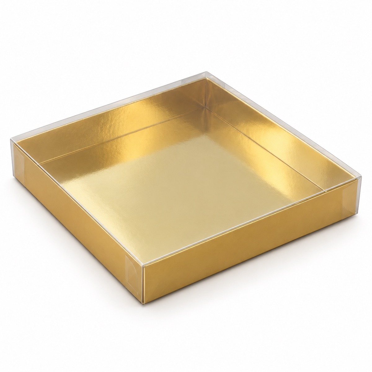 Gold 20 x 20 x 3 cm cardboard gift box with clear acetate lid — product illustration