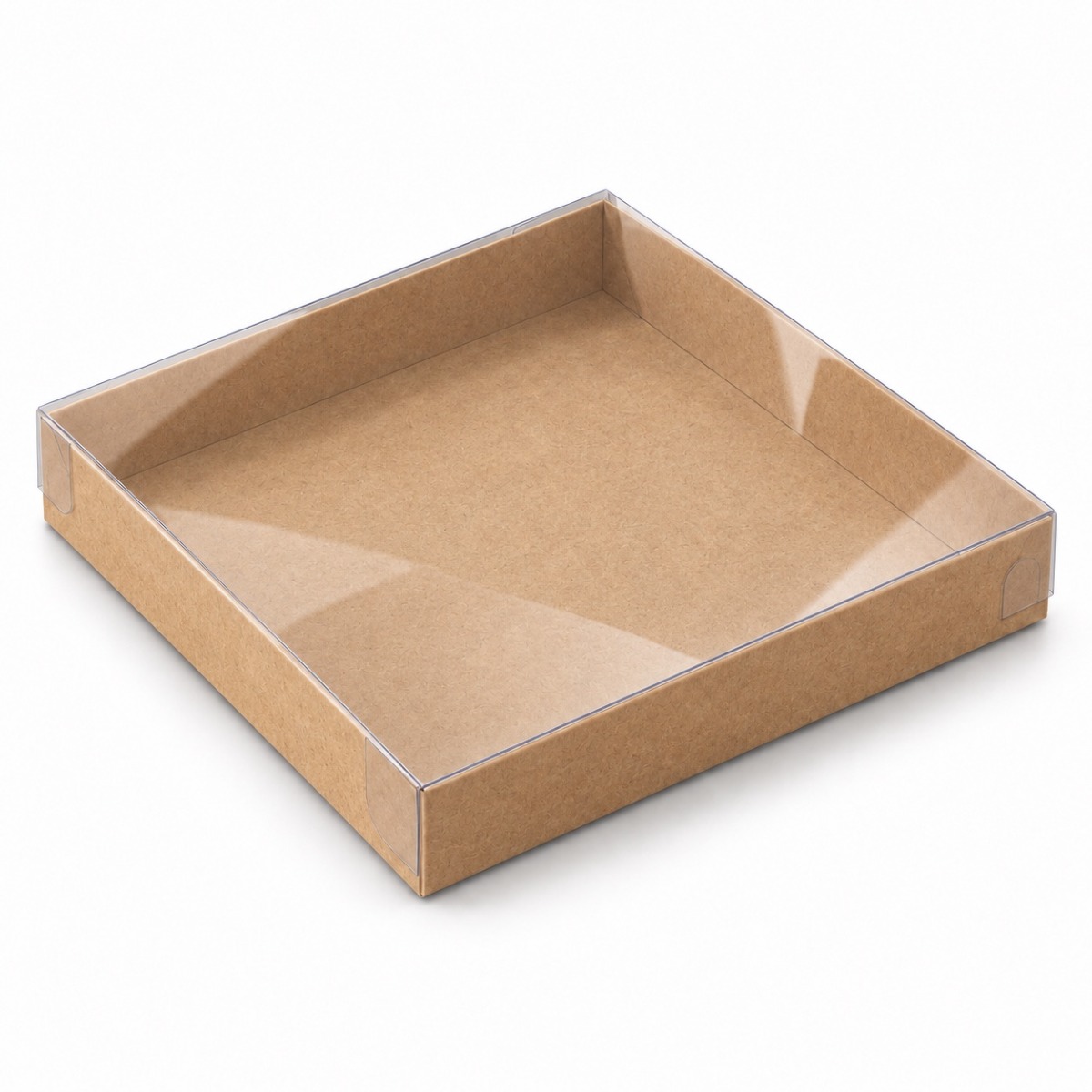 Kraft 20 x 20 x 3 cm cardboard gift box with clear acetate lid — product illustration