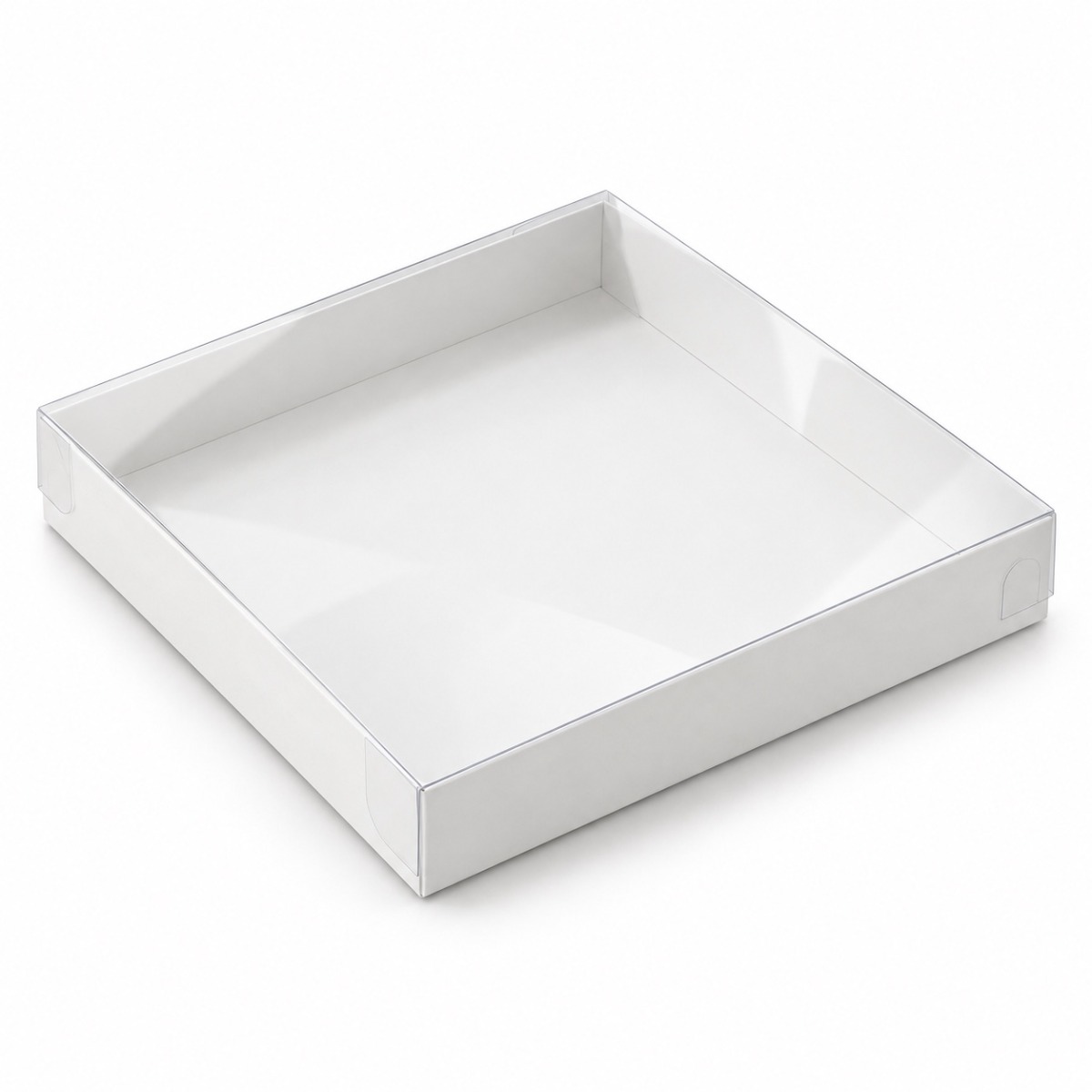 White 20 x 20 x 3 cm cardboard gift box with clear acetate lid — product illustration