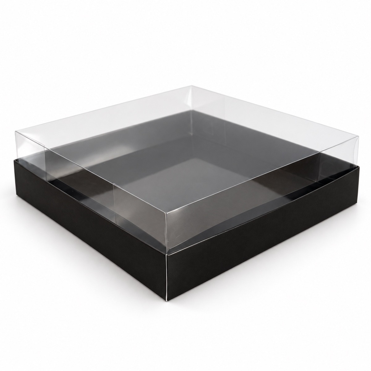 Black 20 x 20 x 5 cm cardboard gift box with clear acetate lid — product illustration