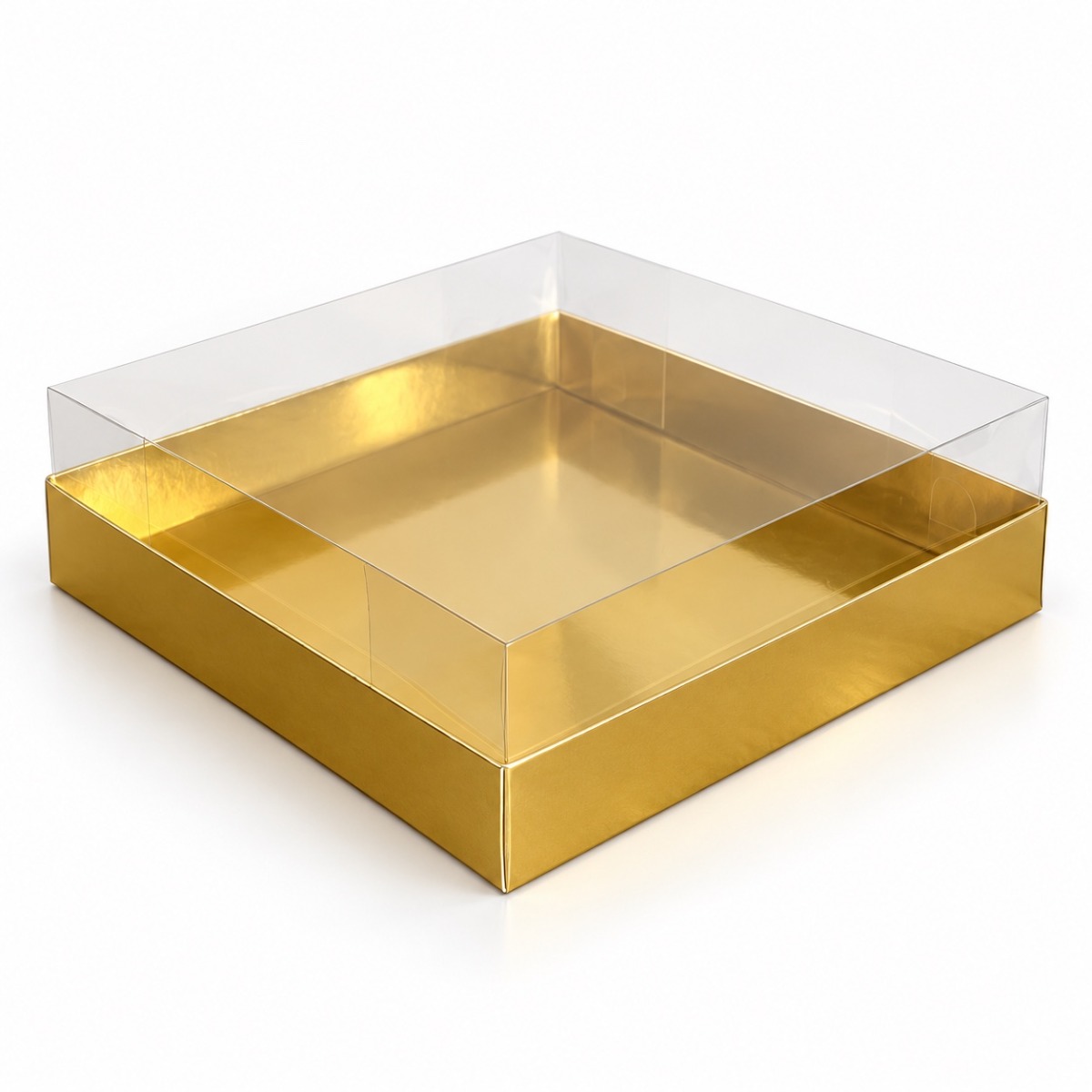 Gold 20 x 20 x 5 cm cardboard gift box with clear acetate lid — product illustration