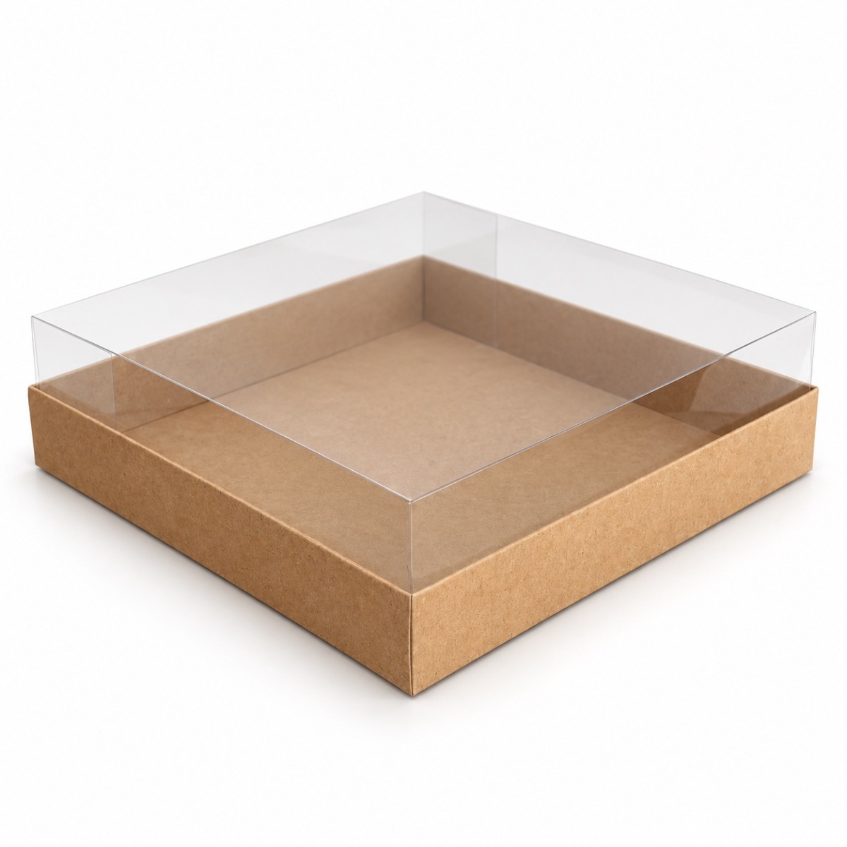 Kraft 20 x 20 x 5 cm cardboard gift box with clear acetate lid — product illustration