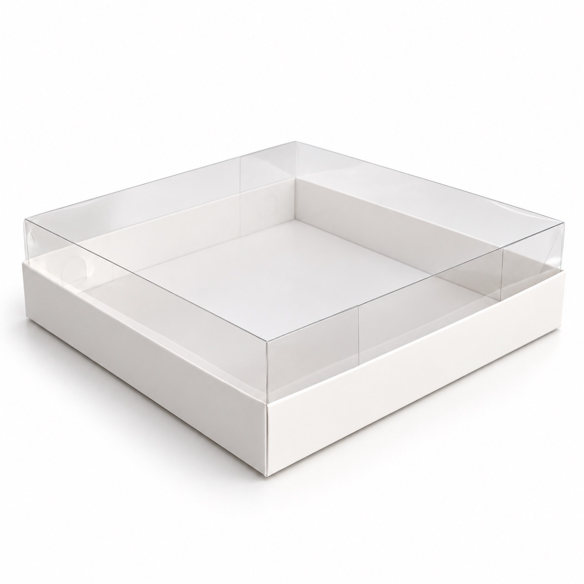White 20 x 20 x 5 cm cardboard gift box with clear acetate lid — product illustration
