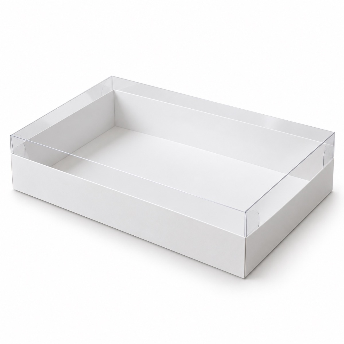 White 20 x 30 x 5 cm cardboard gift box with clear acetate lid — product illustration