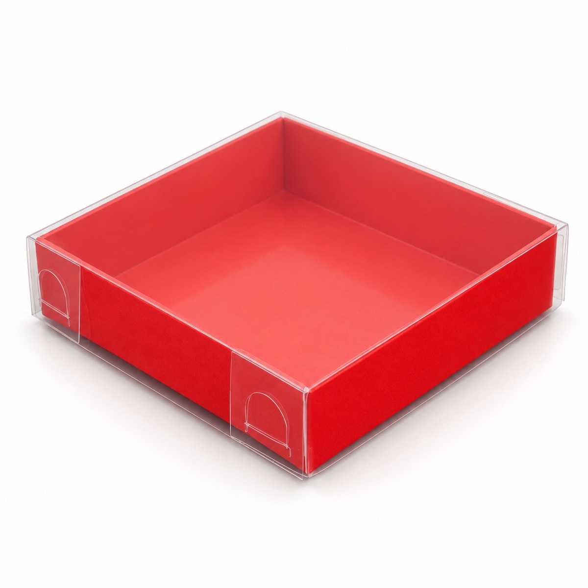 Red 8 x 8 x 2 cm cardboard gift box with clear acetate lid — product illustration