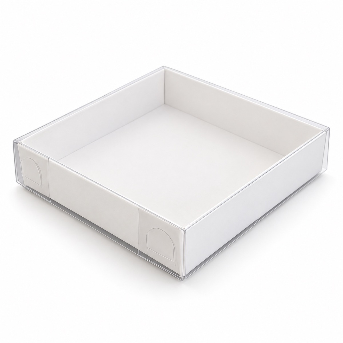 White 8 x 8 x 2 cm cardboard gift box with clear acetate lid — product illustration