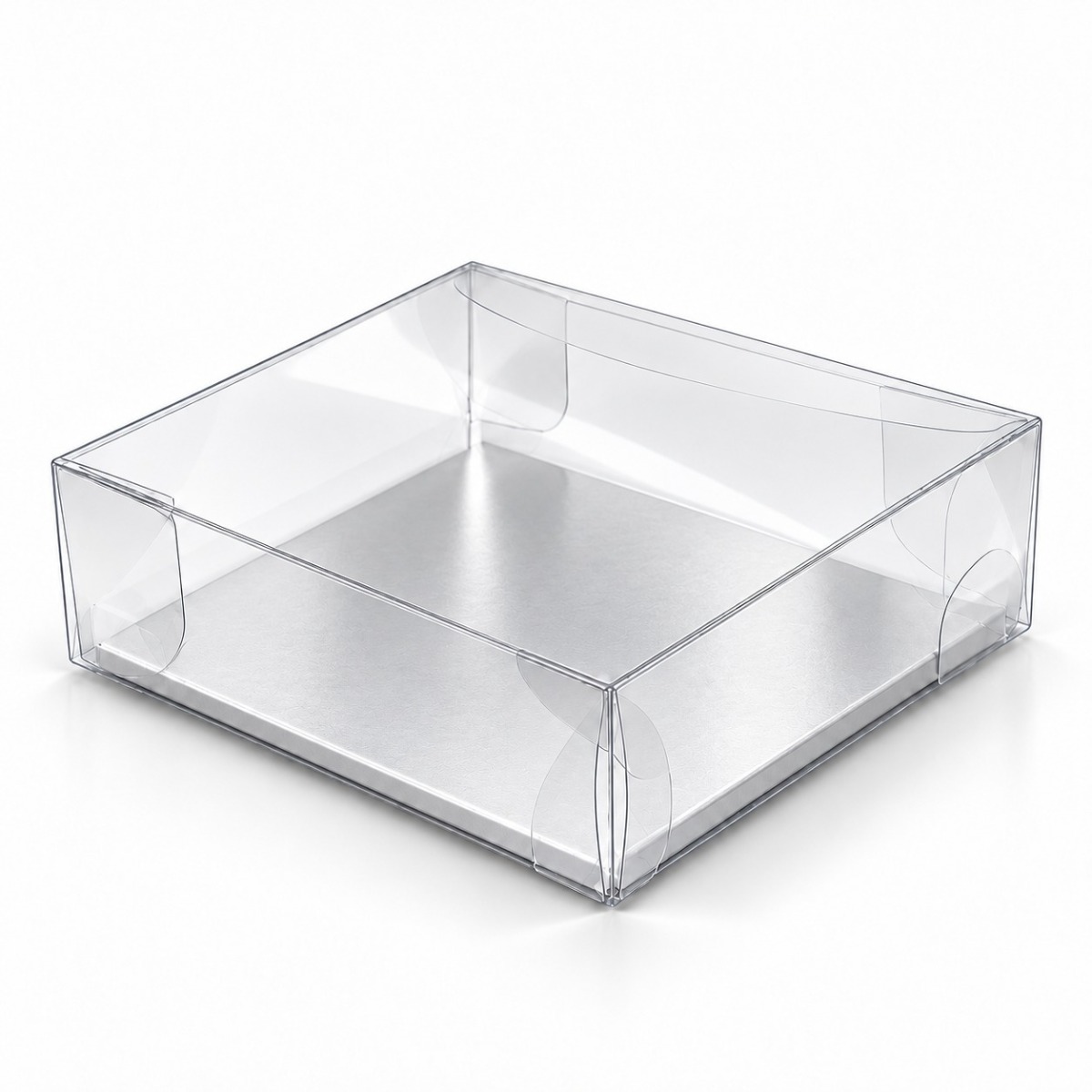 Product illustration: clear Pop & Lock box 12 x 12 x 3 cm with Silver inside base