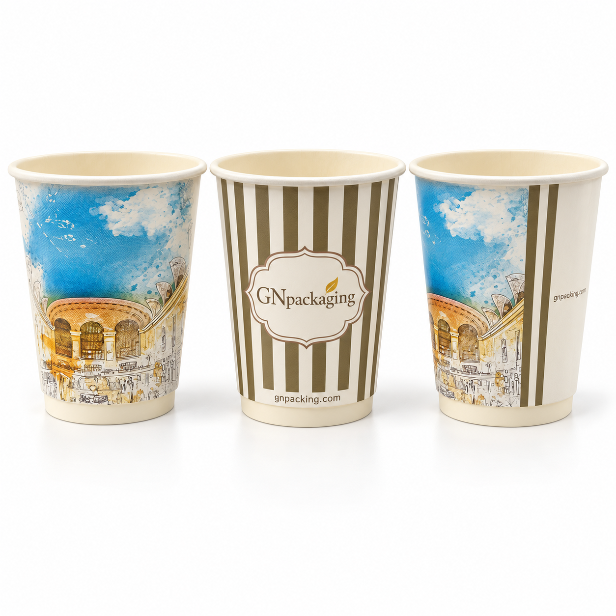 Illustrative GNpacking branded paper coffee cups showing front, back and wraparound artwork