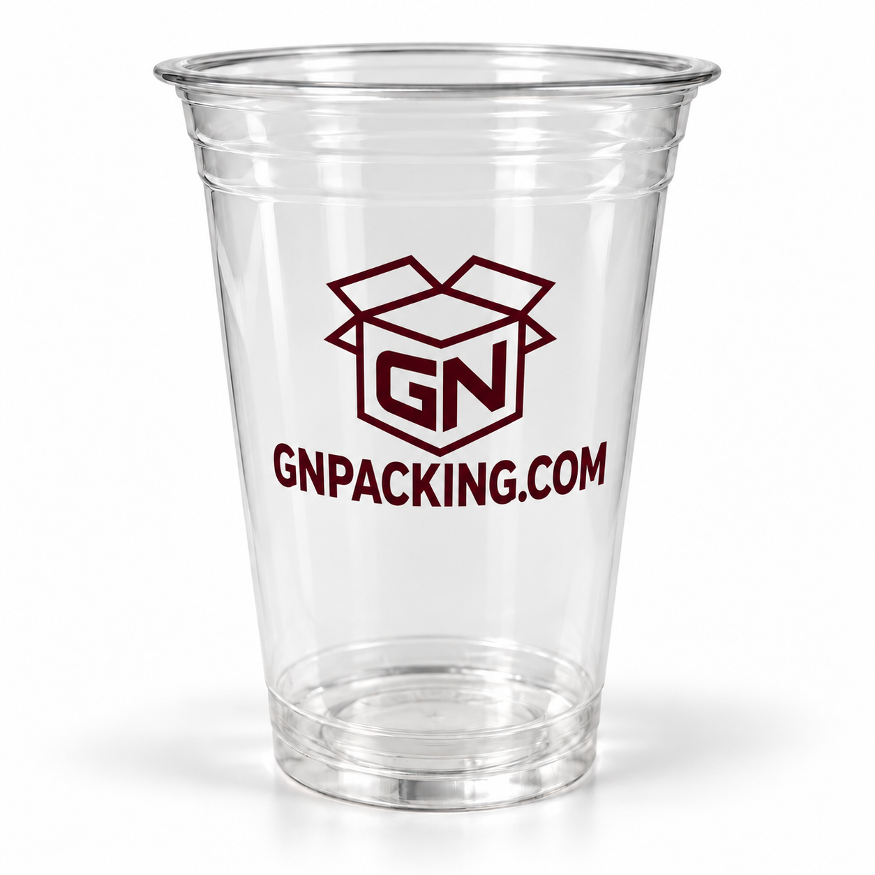 Custom printed clear cold cup with GN box logo — print example