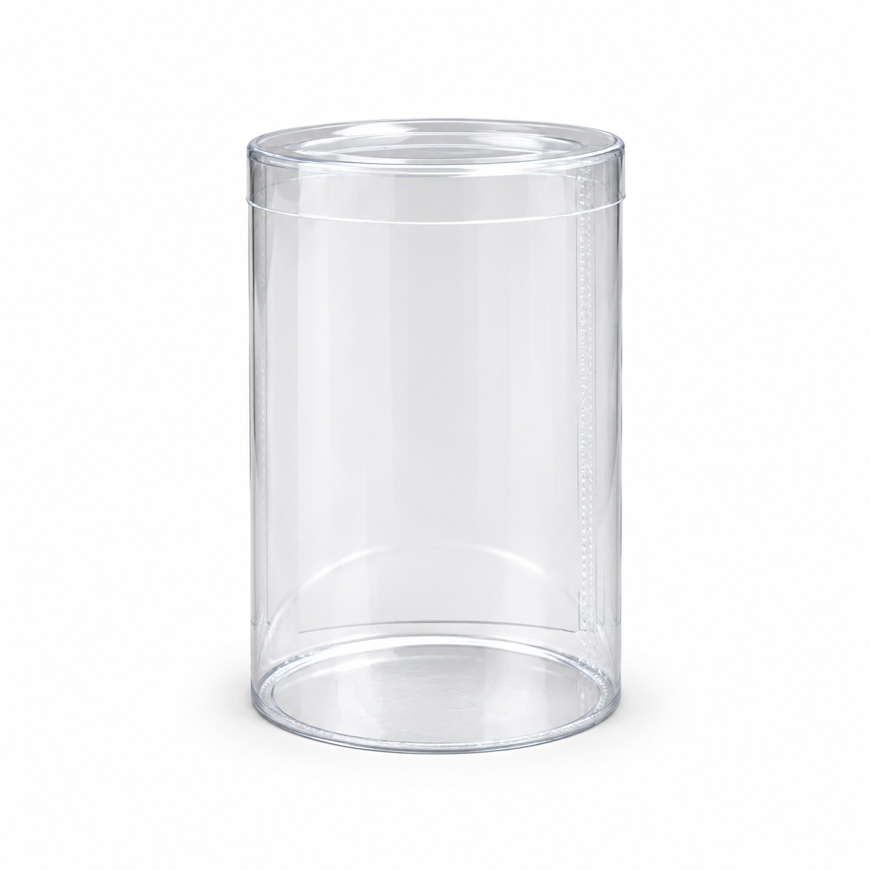 Generated mockup of an empty clear cylinder box with a shallow clear lid