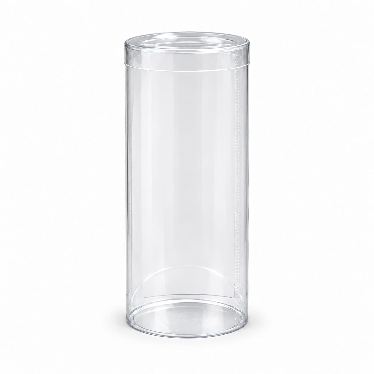 Generated mockup of an empty clear cylinder box with a shallow clear lid