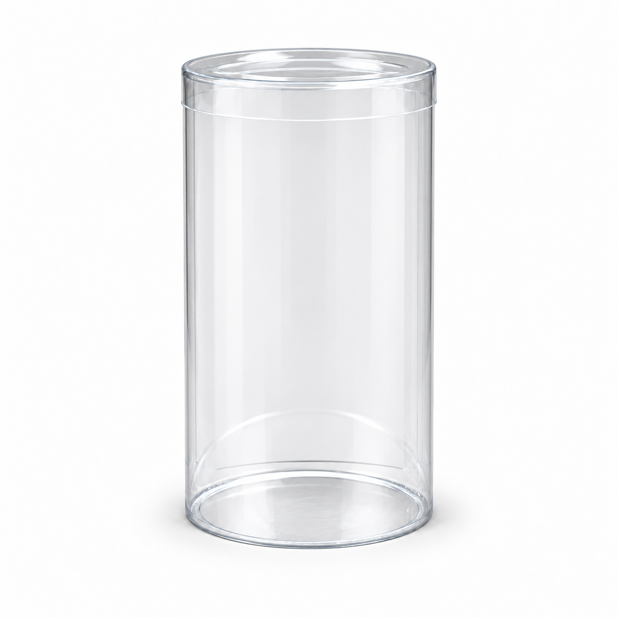 Generated mockup of an empty clear cylinder box with a shallow clear lid
