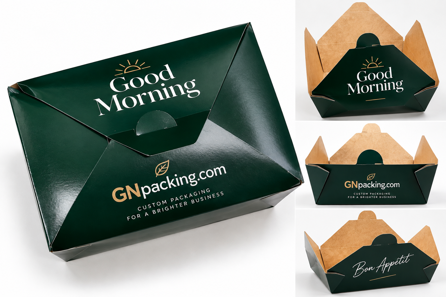 GN Packing to go box branding examples showing Good Morning, GNpacking.com and Bon Appétit designs with open and closed views