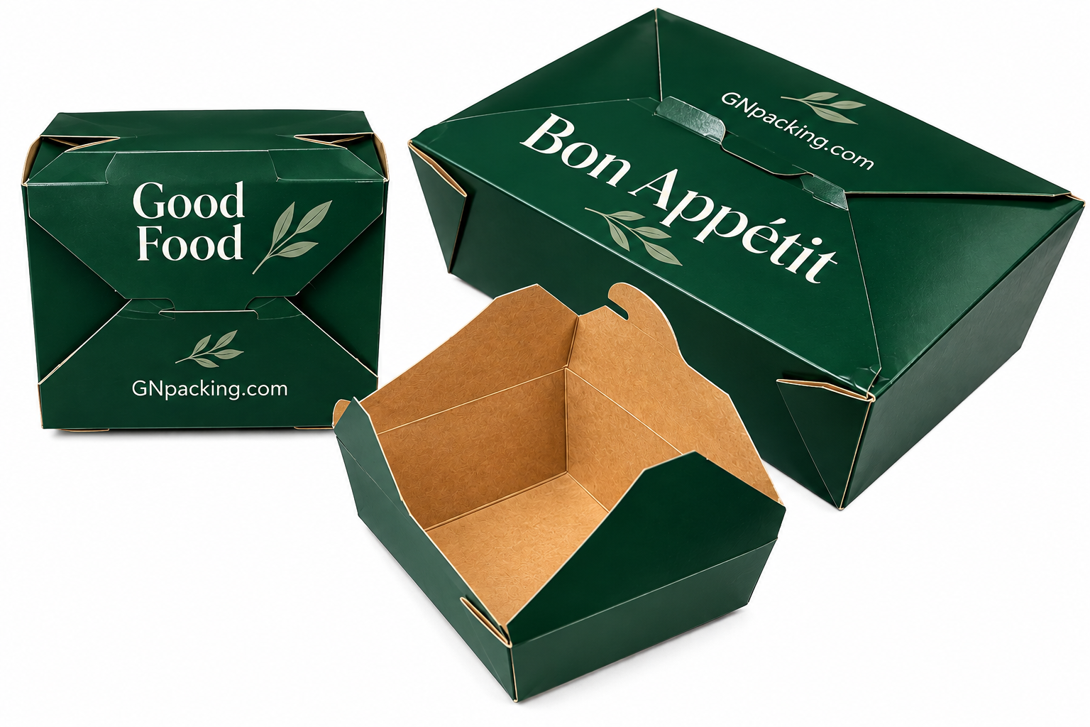 GN Packing green custom printed to go boxes with Good Food and Bon Appétit artwork, including an open kraft interior